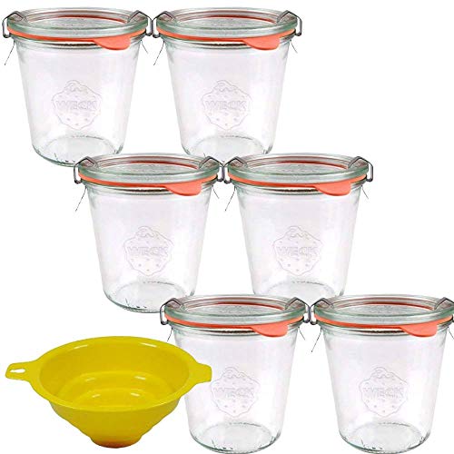 6 kleine Weckgläser / Rundrandgläser in Sturzform 290 ml (hohe Form) inkl. Klammern und Ringen und einem gelben Einfülltrichter mit Arretierung von mikken