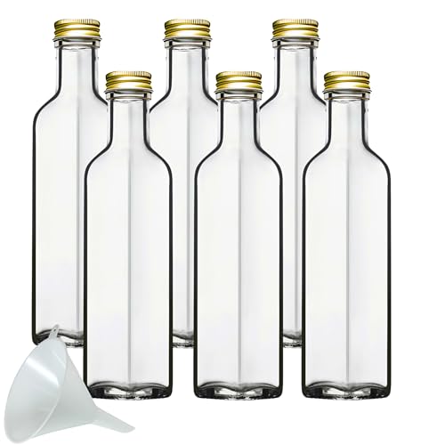 mikken 6 x Glasflasche 250 ml mit Schraubverschluss, leere Flaschen zum Befüllen als Ölflasche, Schnapsflasche, Likörflasche + 1 Trichter von mikken