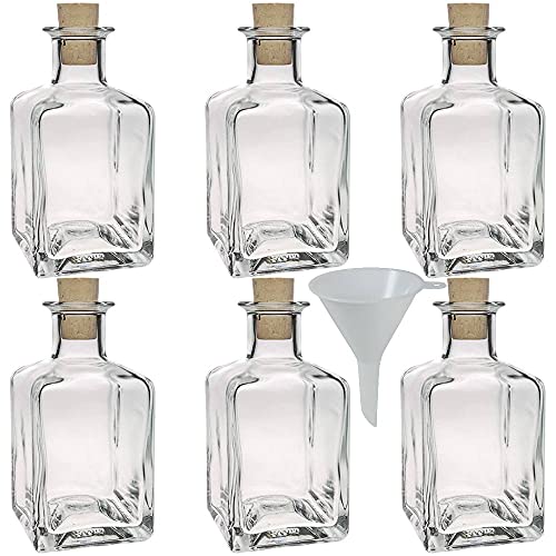 Viva Haushaltswaren - 6 x eckige Glasflasche 200 ml mit Korkverschluss, dekorative Glasgefäße als Likörflasche, Schnapsflasche, Ölflasche & Gastgeschenk verwendbar (inkl. Trichter Ø 7 cm) , 6 Stück (1er Pack) von Viva Haushaltswaren
