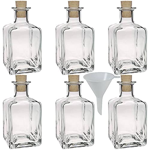 Viva Haushaltswaren - 6 x eckige Glasflasche 200 ml mit Korkverschluss, dekorative Glasgefäße als Likörflasche, Schnapsflasche, Ölflasche & Gastgeschenk verwendbar (inkl. Trichter Ø 7 cm) von Viva Haushaltswaren