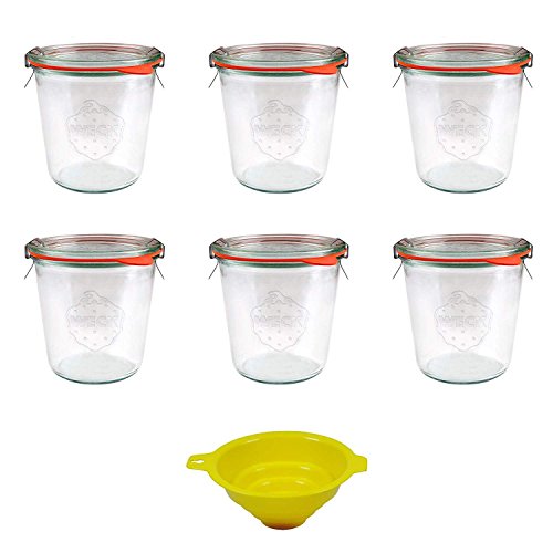 Viva Haushaltswaren - 6 x mittleres Weckglas/Einmachglas 500 ml mit Deckel in Sturzform, leeres Rundrandglas zum Einkochen - als Marmeladenglas, Dessertglas (inkl. Klammern, Ringen & Trichter) von Viva Haushaltswaren