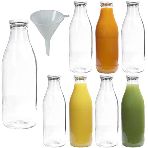 8 leere Weithals-Glasflaschen für 1,0l, Milchflaschen Saftflaschen mit weissem Schraubverschluss, inkl. einem Einfülltrichter Ø 9cm von mikken