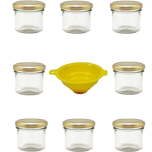 Viva Haushaltswaren - 8 x Marmeladenglas 125 ml mit goldfarbenem Verschluss, runde Sturzgläser als Einmachgläser, Gewürzgläser, Glasdosen etc. verwendbar (inkl. Trichter) von Viva Haushaltswaren