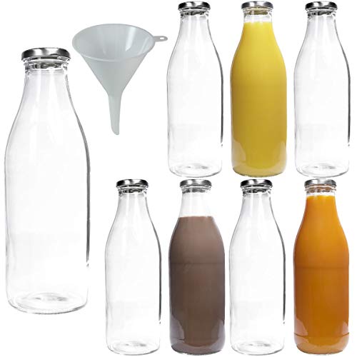 mikken 8 leere Weithals-Glasflaschen für 1,0l, Milchflaschen Saftflaschen mit silber-farbenem Schraubverschluss, inkl. einem Einfülltrichter Ø 9cm von mikken