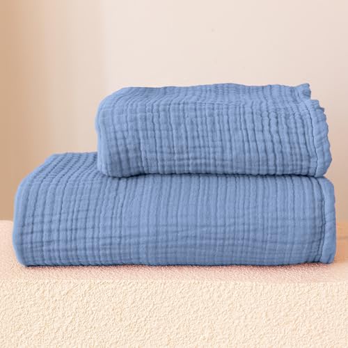 Viva Maison Ultraweiches Musselin-Handtuch-Set für Erwachsene, 100 % türkische Baumwolle, 4-lagig, 2 Stück, Luxus-Musselin-Hand- und Badetuch-Sets für Badezimmer (Indigoblau, 1 Bad & 1 Handtuch-Set) von Viva Maison