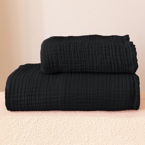 Viva Maison Ultraweiches Musselin-Handtuch-Set für Erwachsene, 100 % türkische Baumwolle, 4-lagig, 2 Stück, Luxus-Musselin-Hand- und Badetuch-Sets für Badezimmer (Schwarz, 1 Bad & 1 Handtuch-Set) von Viva Maison