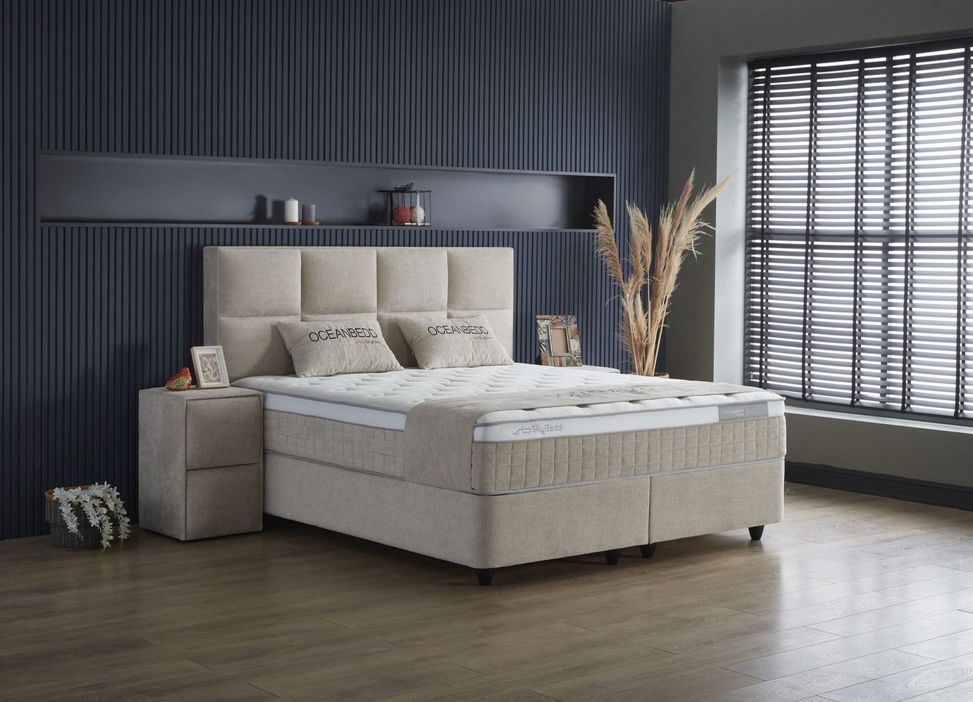 Viva Möbel Boxspringbett OCEAN (90 x 200 cm, 2 x Nachttische, 5-St), Boxspringbett mit Stauraum - mit modernem Design von Viva Möbel