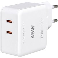 Vivanco TCVVDUALUSBPD2025W USB Ladegerät 45 W 2x USB-C® USB PD Weiß Schnellladegerät von Vivanco