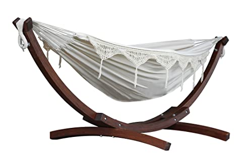 Vivere C8SPCT-00 Doppelhängematte aus Baumwolle mit stabilem Bogengestell aus Massivkiefernholz – Natural, 254 x 117 x 104 cm von Vivere