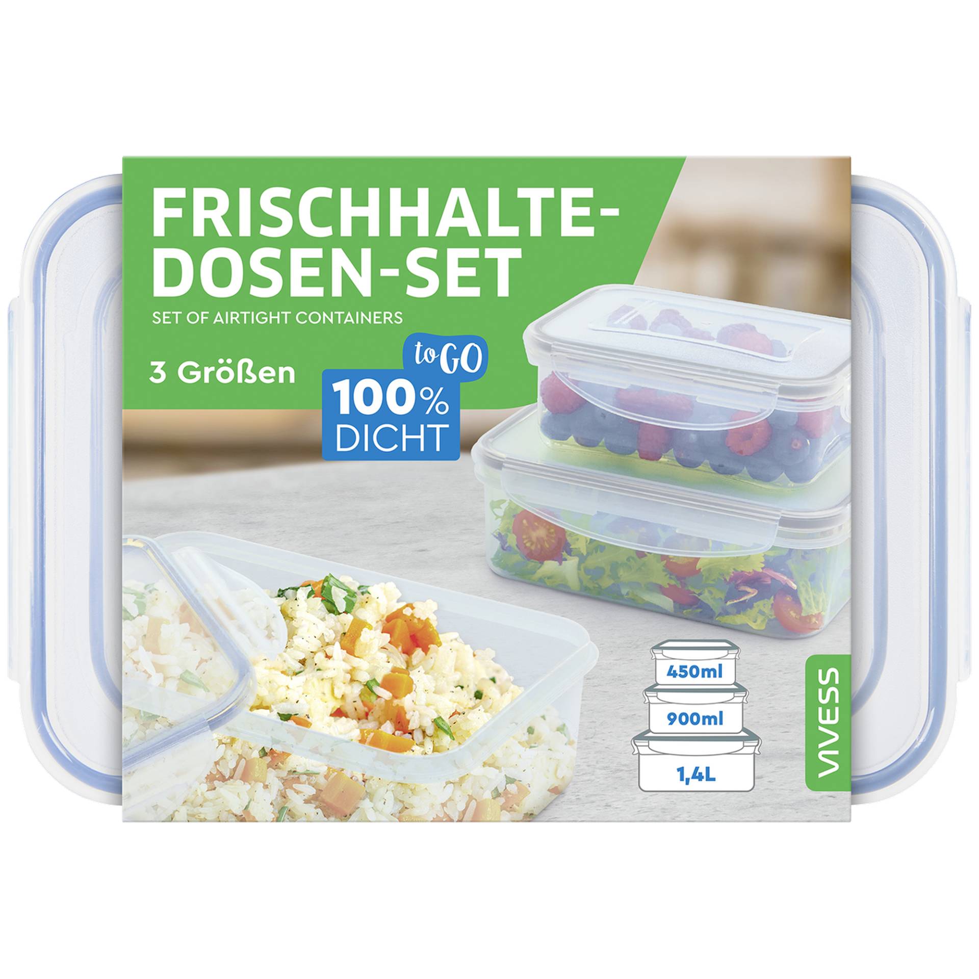 Vivess Frischhaltedosen-Set Kunststoff 450/900/1400 ml, 3 Stück Vivess Frischhaltedosen-Set Kunststoff 450/900/1400 ml, 3 Stück von Vivess