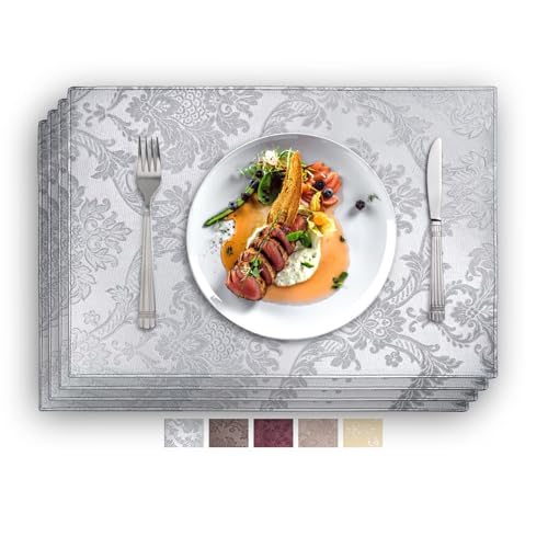 Vivi Idee® Luxuriöse Platzsets Tischsets Tischmatte (4er Set), Kunstleder, abwischbar wasserdicht Anti-Rutsch Hitzebeständig beidseitig, 46 x 31 cm (Silber) von Vivi Idee