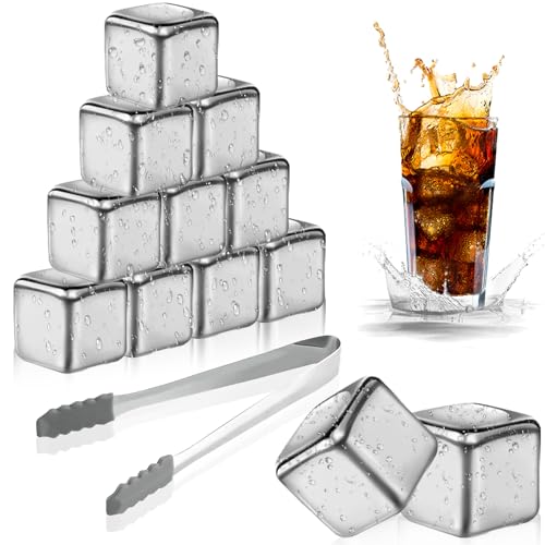 Whisky Eiswürfel Steine, 12 Stk Wiederverwendbare Edelstahl Eiswürfel, Edelstahl-Kühlsteine Set mit Zange, Lebensmittelecht Edelstahl Ice Cubes, Geschenkset Whisky Stones für Cocktail/Whiskyliebhaber von Vivibel