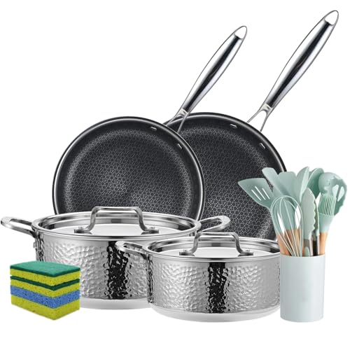 20-teiliges Kochgeschirr-Set mit Antihaft-Pfannen, gehämmerten Töpfen, Silikonutensilien, 26,0 cm und 28,0 cm Bratpfannen, Edelstahlkonstruktion von Vivicreate