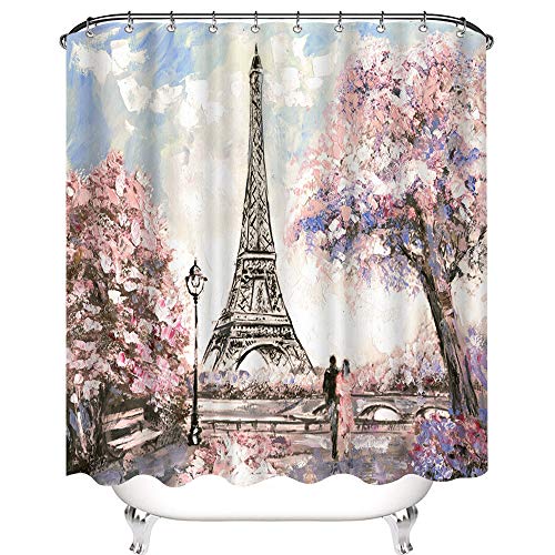 VividHome Duschvorhang, 183 x 183 cm, wasserdicht, Motiv: Eiffelturm, romantischer Liebespaar, rosa Blume, Polyesterstoff, Badezimmervorhang, Ideen von VividHome