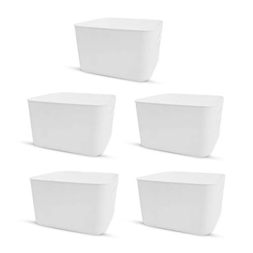 Vividron - 5er-Set Stapelhbare Kunststoff Aufbewahrungsboxen mit Deckel, Weiß, für Schreibtisch, Schrank und Büro (5 Stück, Weiß) von Vividron