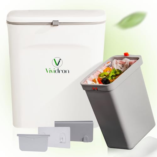 Vividron Kleiner Komposteimer Küche mit Deckel - 9L - Biomülleimer Küche mit Zwei Behältern - Hängbarer Mülleimer für Unterschrank/Unterspüle (Weiß) von Vividron