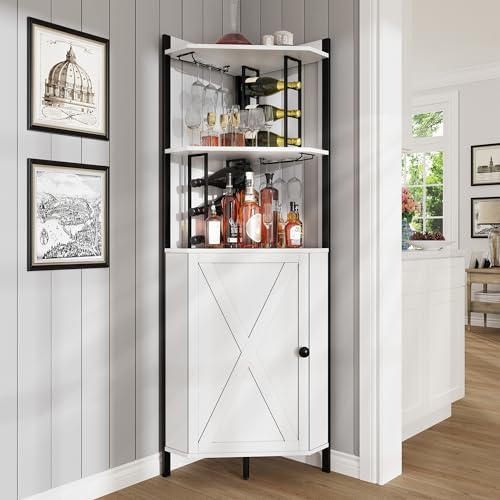 Vividwood 160 cm hoher Eck-Barschrank, Bauernhaus-Likörschrank mit Weinregal (für 50+ Flaschen), Glashalter, verstellbare Regale und Scheunentür, Hausbar für Wohnzimmer/Küche, Elfenbeinweiß von Vividwood