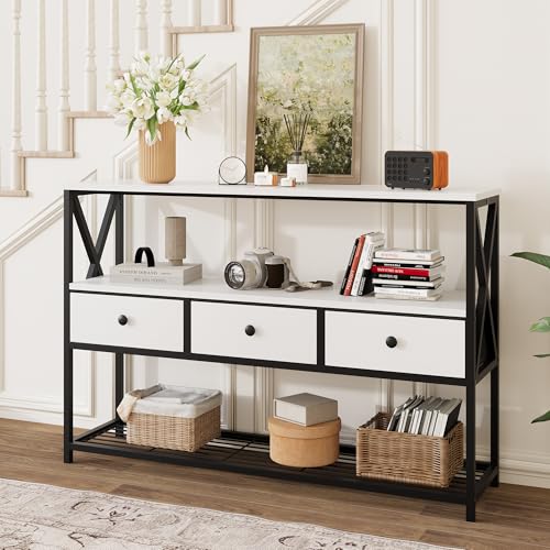 Vividwood Farmhouse Konsolentisch mit 3 Schubladen und offenem Regal, Sofatisch hinter der Couch mit 3-lagigem Stauraum, rustikaler Eingangstisch für Wohnzimmer, Flur, Foyer, Küche, 119 cm, Weiß von Vividwood