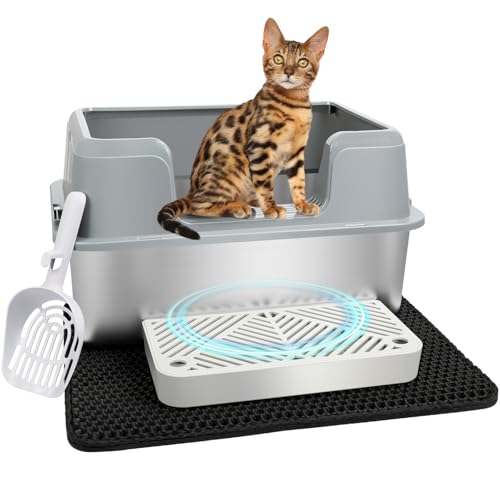 Vivifying Katzenklo Edelstahl, Leicht zu Reinigen und Geruchsresistent Katzentoilette Edelstahl Auslauf-und Verschüttungssicher, Katzenklo mit Pedals, Schaufel und Matte (Grau) von Vivifying