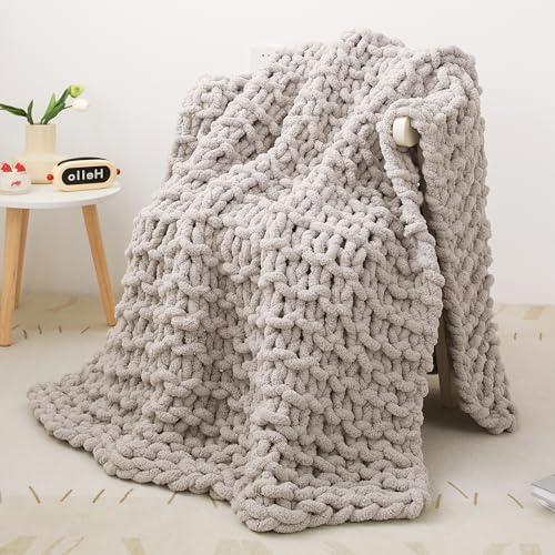 Viviland Chunky Knit Decke, Luxus 100% Hand gestrickt, weich und gemütlich Schlafsofa Stuhl Gewichtete Dicke Gewebte Wurf Decke, 101 * 127cm, Hellgrau (Light Grey) von Viviland