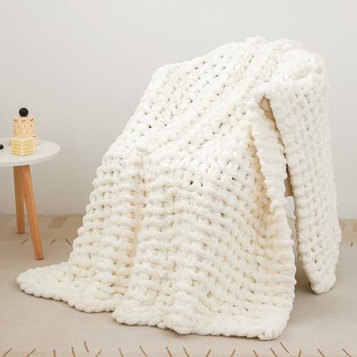 Viviland Chunky Knit Decke, Luxus 100% Hand gestrickt, weich und gemütlich Schlafsofa Stuhl Gewichtete Dicke Gewebte Wurf Decke, 101 * 127cm, Weiß （White） von Viviland