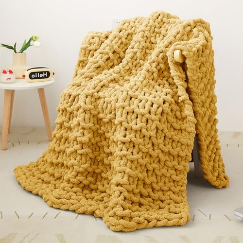 Viviland Chunky Knit Decke, Luxus 100% Hand gestrickt, weich und gemütlich Schlafsofa Stuhl Gewichtete Dicke Gewebte Wurf Decke, 101 * 127cm, gelb von Viviland