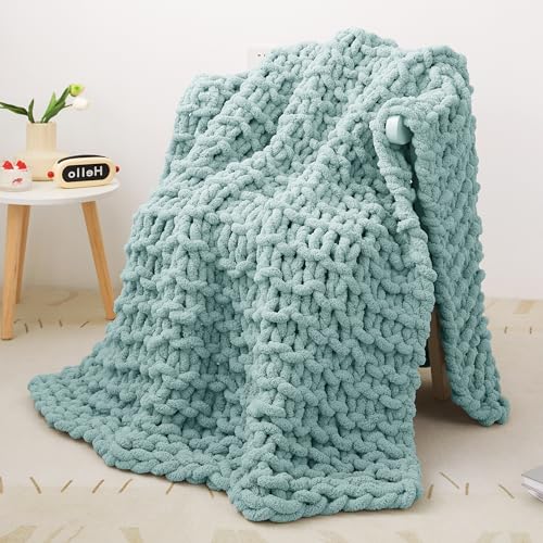 Decke Grob Gestrickte, Grobstrick-überwurf Strickwolle Dickes Garn, 100% Dicke Wolle Zum Handstricken Strickdecke, überwürfe Für Sofa Gestrickte Bettüberwurf-DeckenFürBetten, 127x152cm, Aquablau von Viviland
