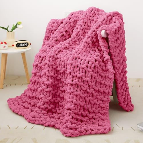 Viviland Decke Grob Gestrickte, Grobstrick-überwurf Strickwolle Dickes Garn, 100% Dicke Wolle Zum Handstricken Strickdecke, überwürfe Für Sofa Gestrickte Bettüberwurf-DeckenFürBetten, 76x101cm, Rose von Viviland