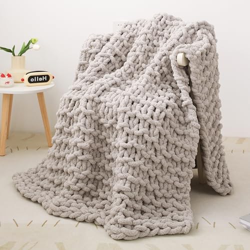 Decke Grob Gestrickte, Grobstrick-überwurf Strickwolle Dickes Garn, 100% Dicke Wolle Zum Handstricken Strickdecke, überwürfe Für Sofa Gestrickte Bettüberwurf-DeckenFürBetten, 127x152cm, Hellgrau von Viviland