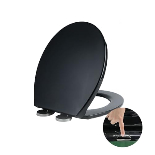 WC-Sitz mit Absenkautomatik, Soft-Close-Toilettensitz mit Schnellverschluss für einfache Reinigung, Standard-Klo-Toilettensitze, O-Form, einfache Befestigung oben, Schwarz von Vivo Technologies