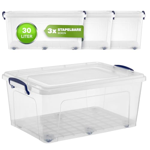 Viwares 30 Liter Aufbewahrungsbox mit Deckel & Rollen - 3x stapelbare Aufbewahrungsboxen - Transparente Box mit Deckel - Praktische Aufbewahrungsbox groß mit Griffen - Kisten Aufbewahrung mit Deckel von Viwares