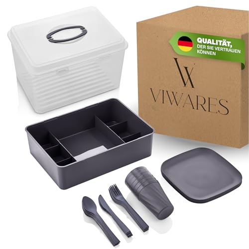 Viwares Picknick Geschirrset für 6 Personen – 33-teiliges Camping Set aus robustem Kunststoff – mit Tellern, Bechern, Besteck & Einsatz – BPA-freie Transportbox mit Tragegriff – Outdoor Picknickbox von Viwares