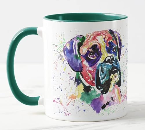 Vixar Boxer Bully-Dog, Aquarell-Kunst, farbige Tasse, Geschenk, Geburtstag, Arbeit, Büro, Weihnachten, Tee, Kaffee (D Grün) von Vixar