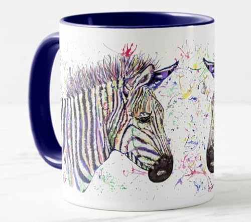 Bunte Tasse mit Zebra-Tieren, Aquarellkunst, Geschenk, Geburtstag, Arbeit, Büro, Weihnachten, Tee, Kaffee (Marineblau) von Vixar