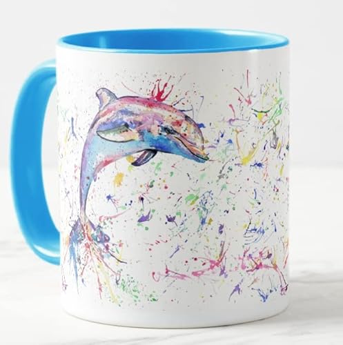 Vixar Delphin Tier Aquarell Kunst Farbige Tasse Geschenk Geburtstag Arbeit Büro Weihnachten Tee Kaffee (L Blau) von Vixar