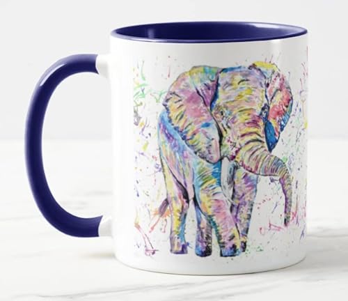 Vixar Elefant nach vorne gerichtete Erwachsene Wildtier Aquarell Kunst farbige Tasse Tasse Geschenk Geburtstag Arbeit Büro Weihnachten Tee Kaffee (Marineblau) von Vixar