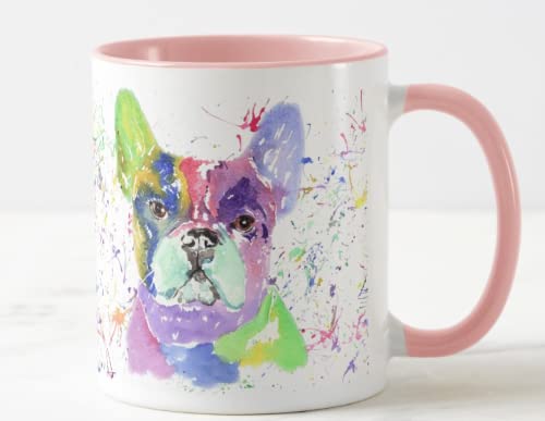 Vixar Französische Bulldogge Frenchie Hund Aquarell Regenbogen Kunst Farbige Tasse Geschenk Geburtstag Arbeit Büro Weihnachten Tee Kaffee (Rosa) von Vixar