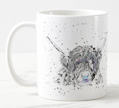 Highland Cow Scottish Cow Black White Farm Animals Watercolour Art Coloured Mug Cup Gift Birthday Work Office Christmas Tea Coffee (White) von Vixar