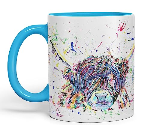 Vixar Highland Cow Scottish Farm Tier Aquarell Regenbogen Kunst Farbige Tasse Tasse Geschenk Geburtstag Arbeit Büro Weihnachten Tee Kaffee (L blau) von Vixar