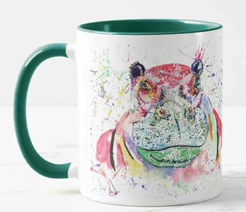 Vixar Nilpferd Nilpferd Wilde Tiere Aquarell Kunst Farbige Tasse Tasse Geschenk Geburtstag Arbeit Büro Weihnachten Tee Kaffee (D Grün) von Vixar