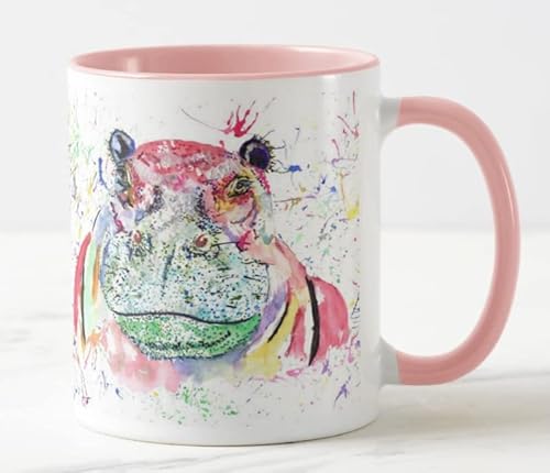 Vixar Nilpferd Wilde Tiere Aquarell Kunst Farbige Tasse Geschenk Geburtstag Arbeit Büro Weihnachten Tee Kaffee (Rosa) von Vixar