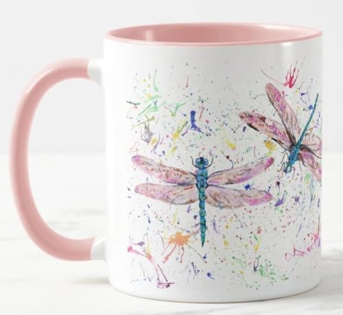 Vixar Libelle Libellen Aquarell Kunst Farbige Keramik Tasse, 325 ml, Geschenk für Geburtstag, Arbeit, Büro, Weihnachten, Tee, Kaffee (Rosa) von Vixar