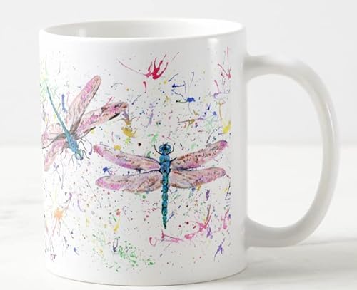 Libelle Libellen Aquarell Kunst Farbige Tasse Tasse Geschenk Geburtstag Arbeit Büro Weihnachten Tee Kaffee (Weiß) von Vixar