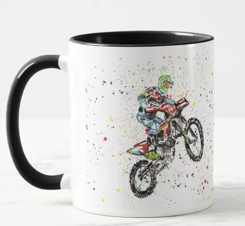 Vixar Motorcross Sport handbemaltes Design Aquarellkunst Farbige Tasse Tasse Geschenk Geburtstag Arbeit Büro Weihnachten Tee Kaffee (Schwarz) von Vixar