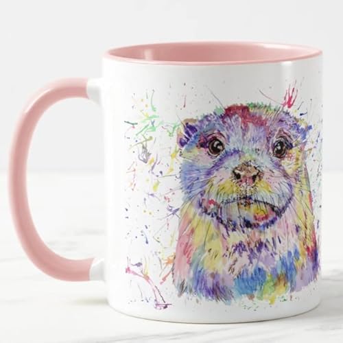Vixar Otter Tasse mit britischem Wildtier-Aquarellkunst, bunt, Geschenk, Geburtstag, Arbeit, Büro, Weihnachten, Tee, Kaffee (Rosa) von Vixar