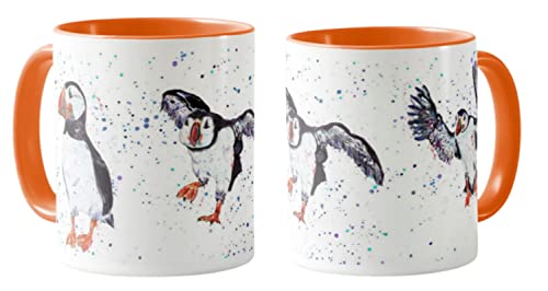 Vixar Papageientaucher, Vogel, Aquarellkunst, farbige Tasse, Geschenk, Geburtstag, Arbeit, Büro, Weihnachten, Tee, Kaffee (Orange) von Vixar