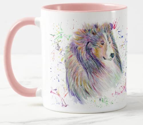 Sheltie Sheepdog Shelitie Hund Haustier Aquarell Regenbogen Kunst Farbige Tasse Tasse Geschenk Geburtstag Arbeit Büro Weihnachten Tee Kaffee (Rosa) von Vixar