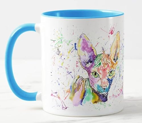 Vixar Sphynx Katze Aquarell Kunst Farbige Tasse Tasse Geschenk Geburtstag Arbeit Büro Weihnachten Tee Kaffee (L Blau) von Vixar