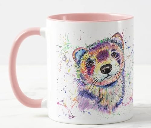 Vixar Frettchen Haustier Aquarell Kunst Farbige Tasse Geschenk Geburtstag Arbeit Büro Weihnachten Tee Kaffee (Rosa) von Vixar