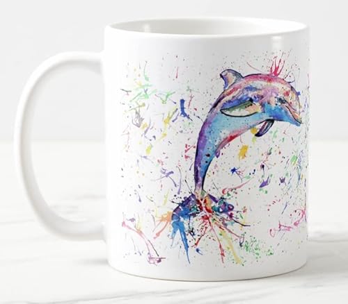 Vixar Delphin Tier Aquarell Kunst Farbige Tasse Geschenk Geburtstag Arbeit Büro Weihnachten Tee Kaffee (weiß) von Vixar